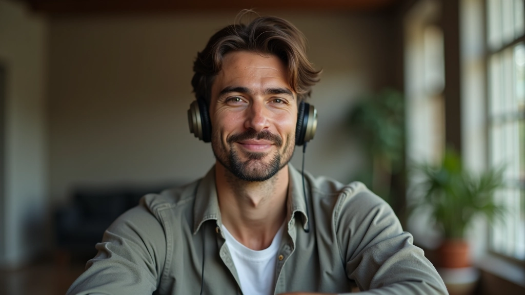 Persona in ambiente calmo con cuffie, pratica meditazione da app, spazio domestico accogliente e ordinato