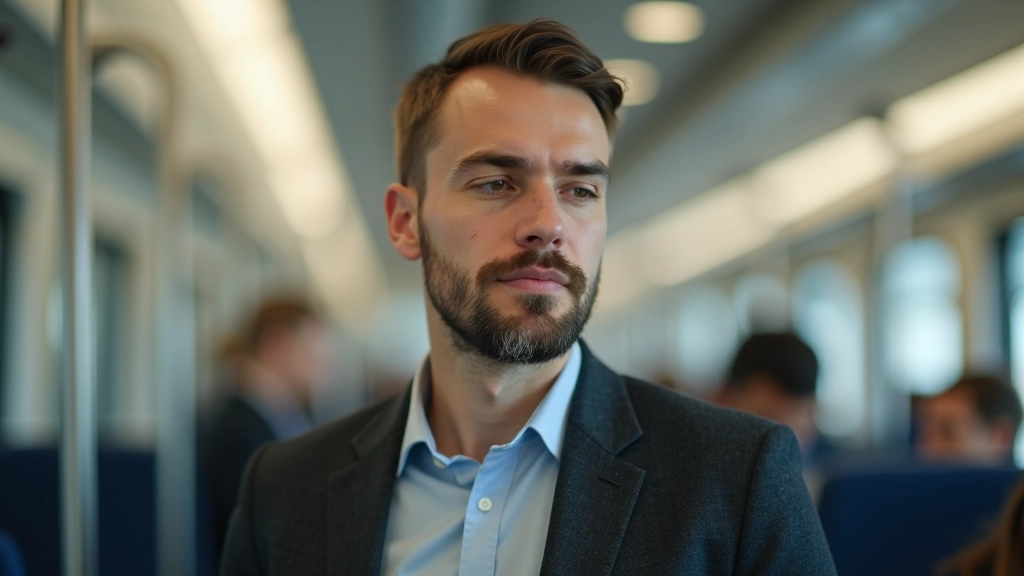 Uomo che pratica esercizi respiratori in metropolitana durante il tragitto quotidiano