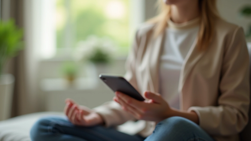 Persona che pratica meditazione guidata con un'app su smartphone in uno spazio tranquillo