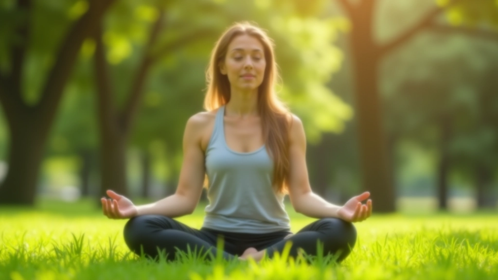 Persona in posizione meditativa seduta in parco, alberi dietro, sole filtrato tra le foglie