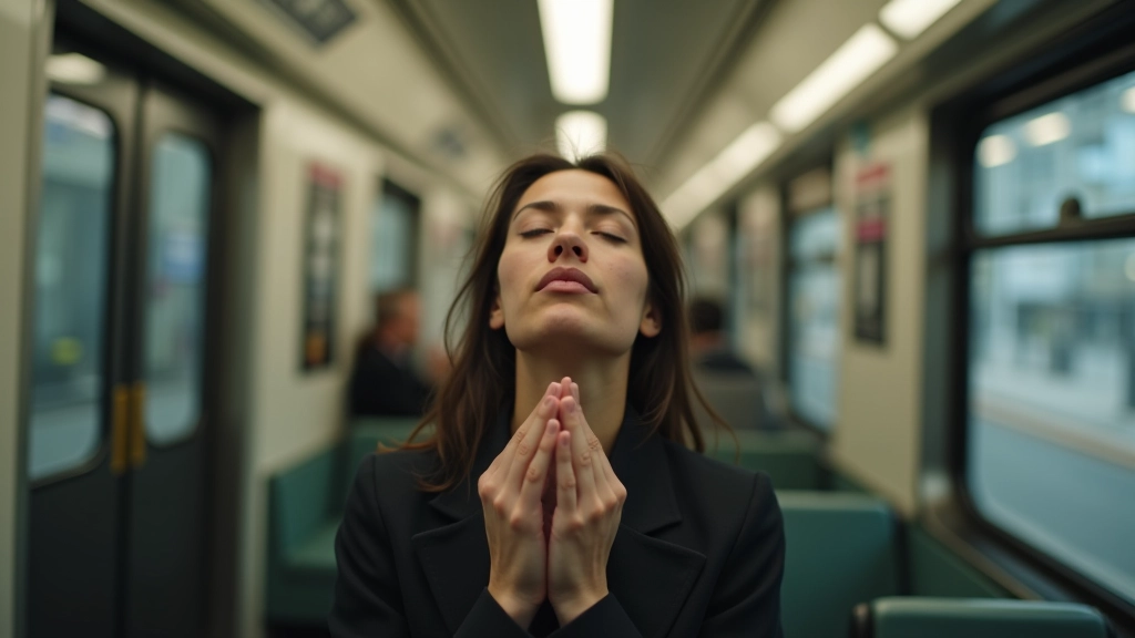 Persona che pratica esercizi respiratori durante il pendolarismo in metro