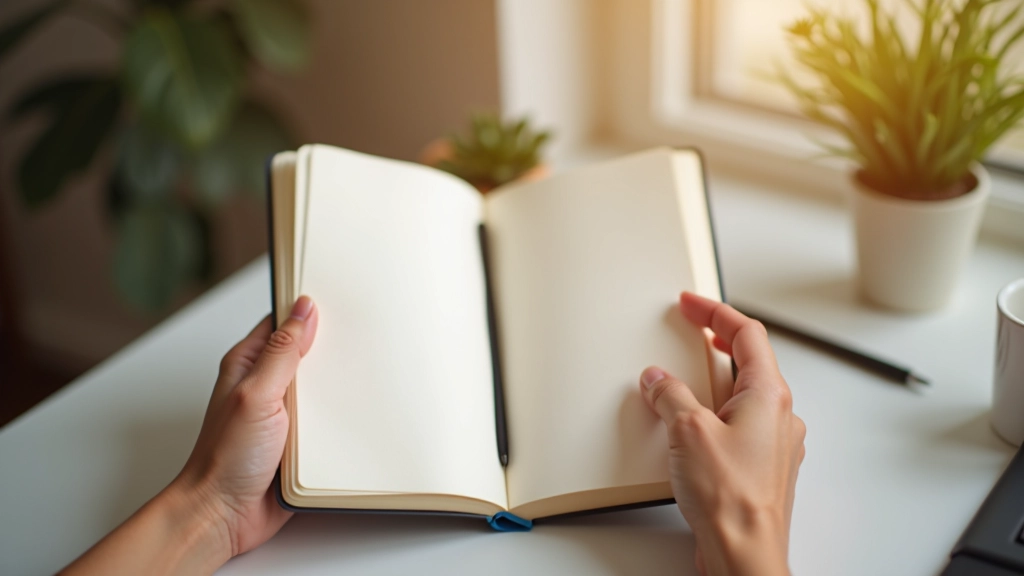 Primo piano di una persona che tiene un diario di meditazione con annotazioni sulla consapevolezza quotidiana, mostrando il tracking dei progressi