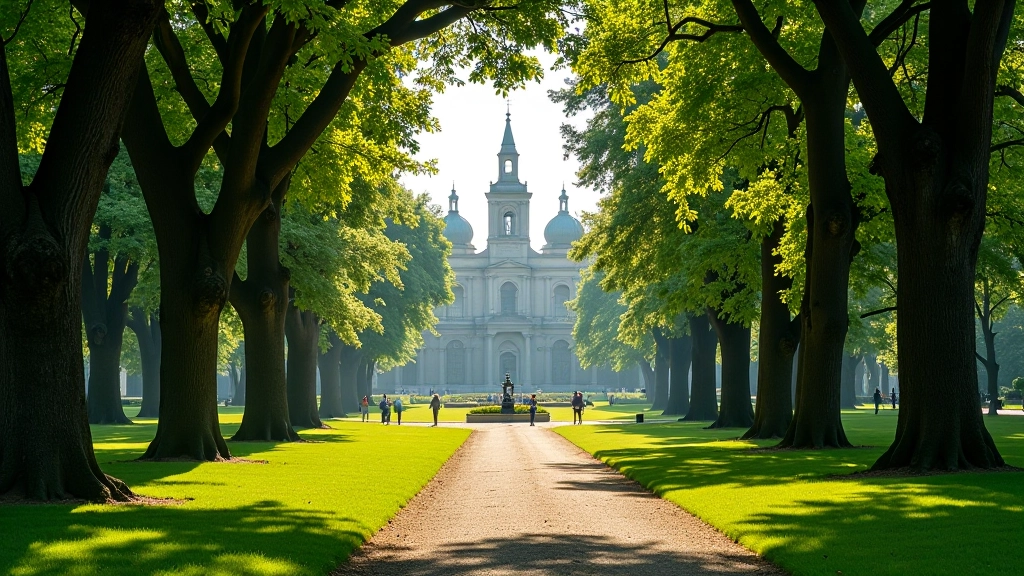 Parco Sempione Milano con alberi grandi, percorsi, e vista del Castello sullo sfondo