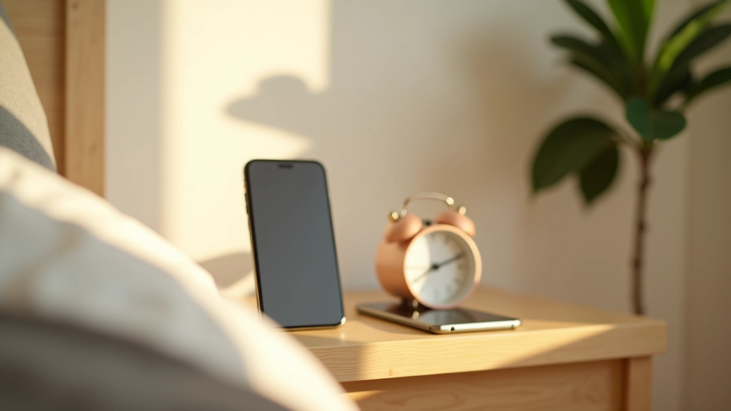 Sveglia e smartphone su comodino, routine mattutina di meditazione, luce naturale del mattino, ambiente sereno