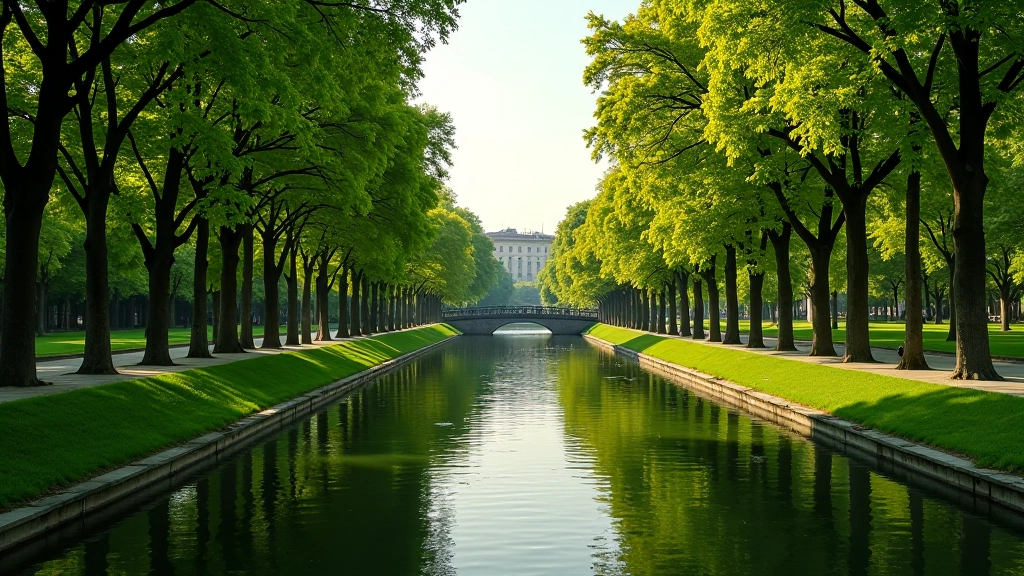 Parco Valentino Torino con vista del Po, alberi ordinati, ponte e spazi aperti verdi