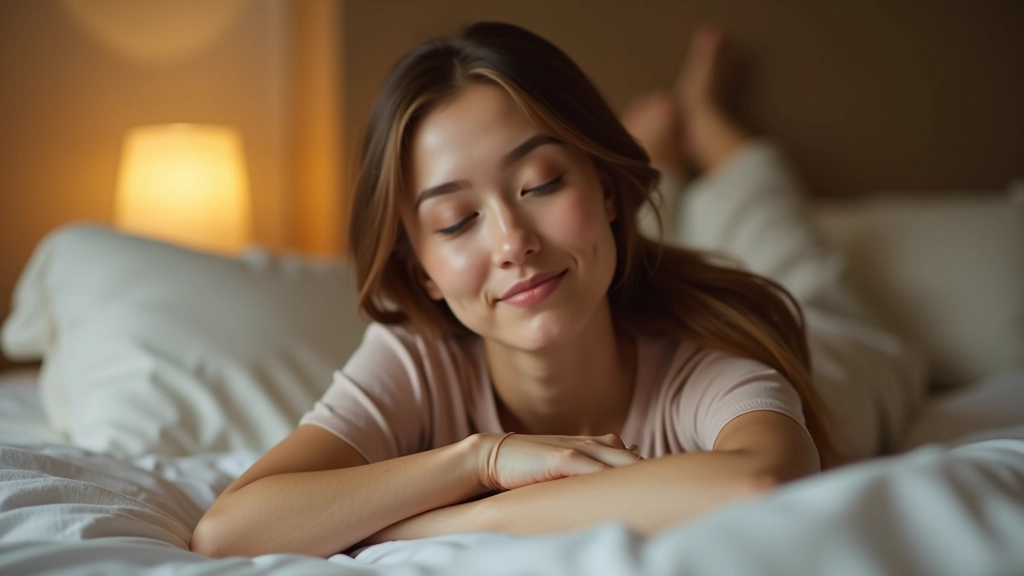 Persona distesa sul letto durante sessione di body scan, illuminazione calda e rilassante, ambiente domestico tranquillo