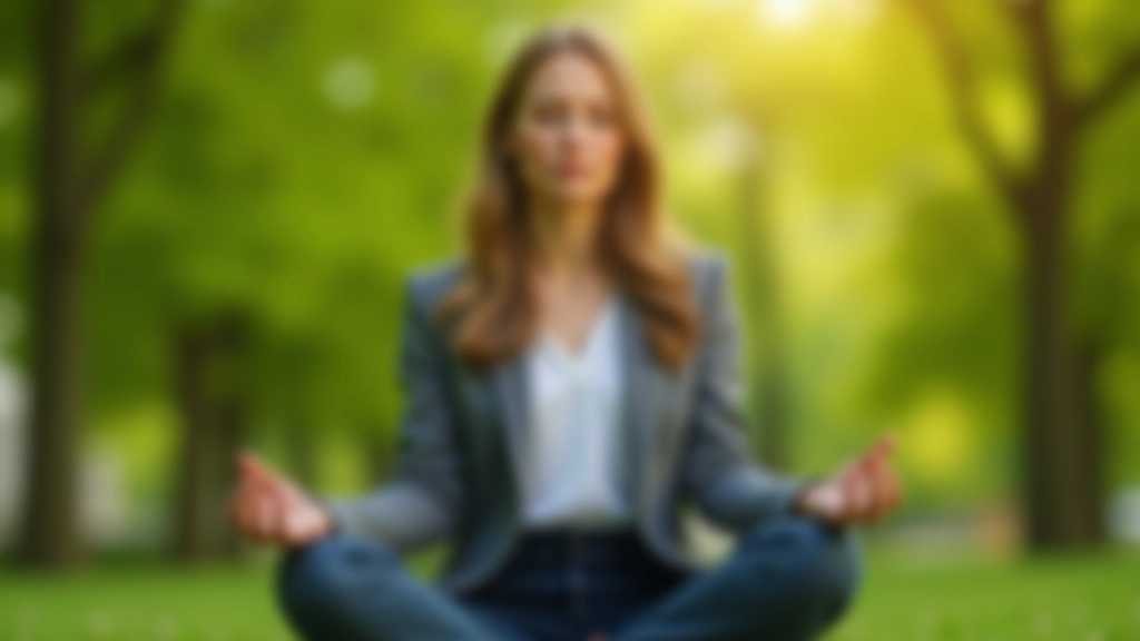 Donna che medita in un parco urbano circondato da alberi verdi durante la pausa pranzo