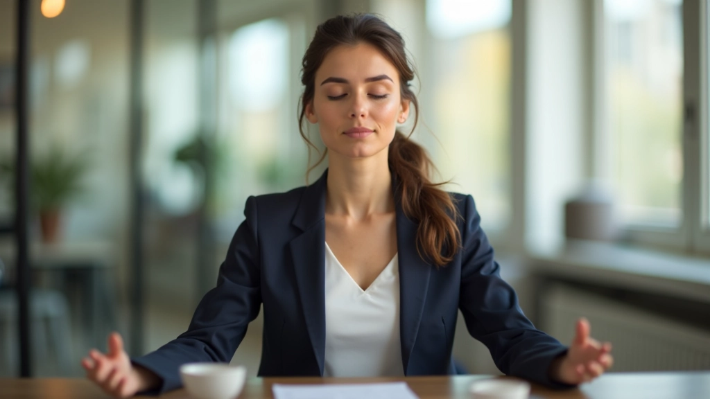Professionista in pausa pranzo pratica meditazione consapevole