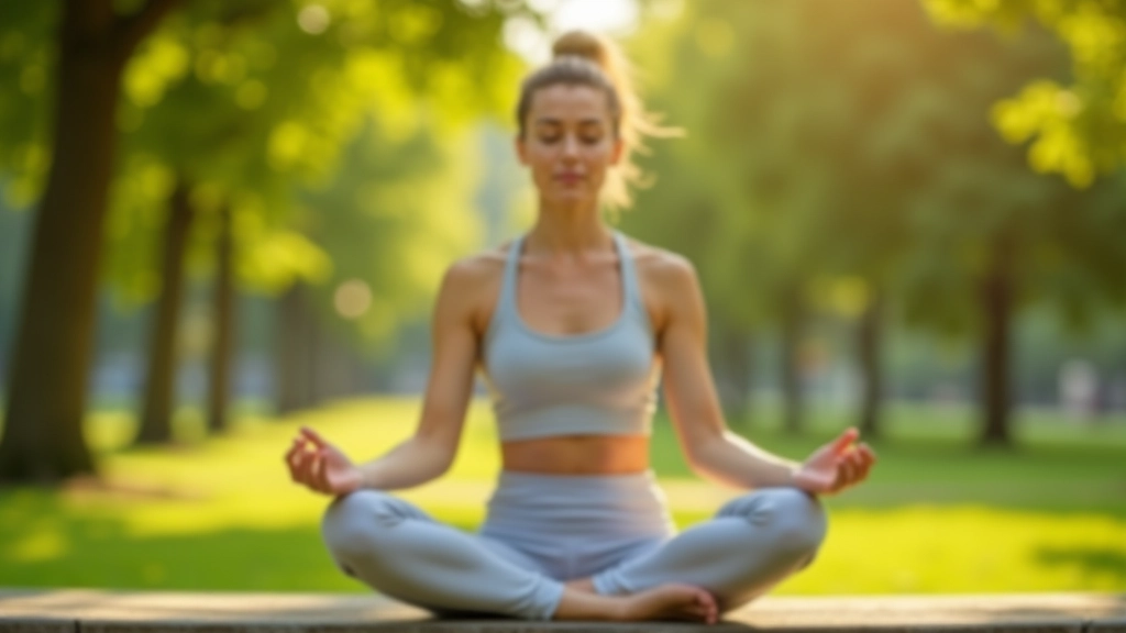 Donna che pratica consapevolezza in un parco urbano con alberi verdi e spazi tranquilli