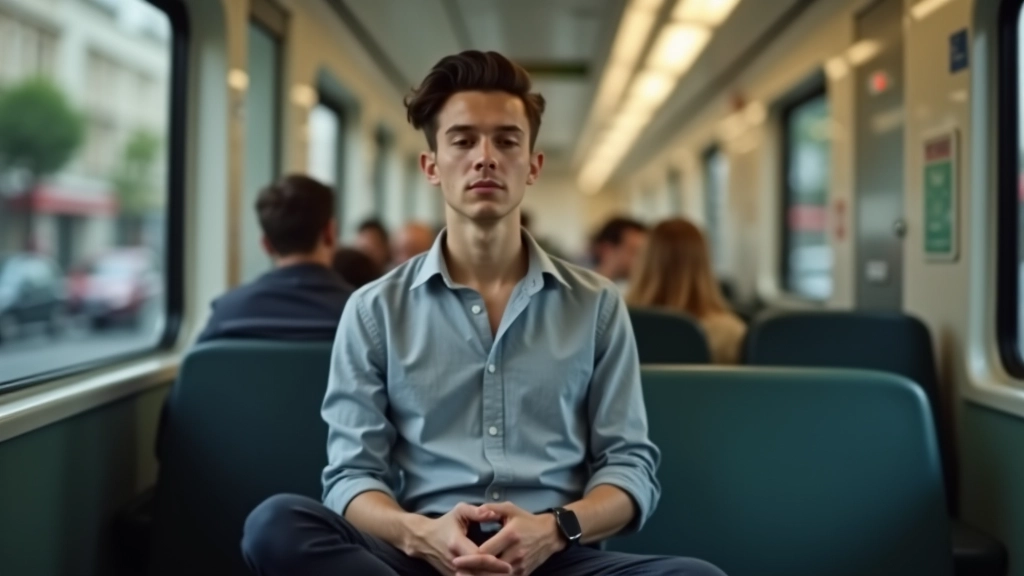 Persona su un tram pratica esercizi respiratori durante il tragitto